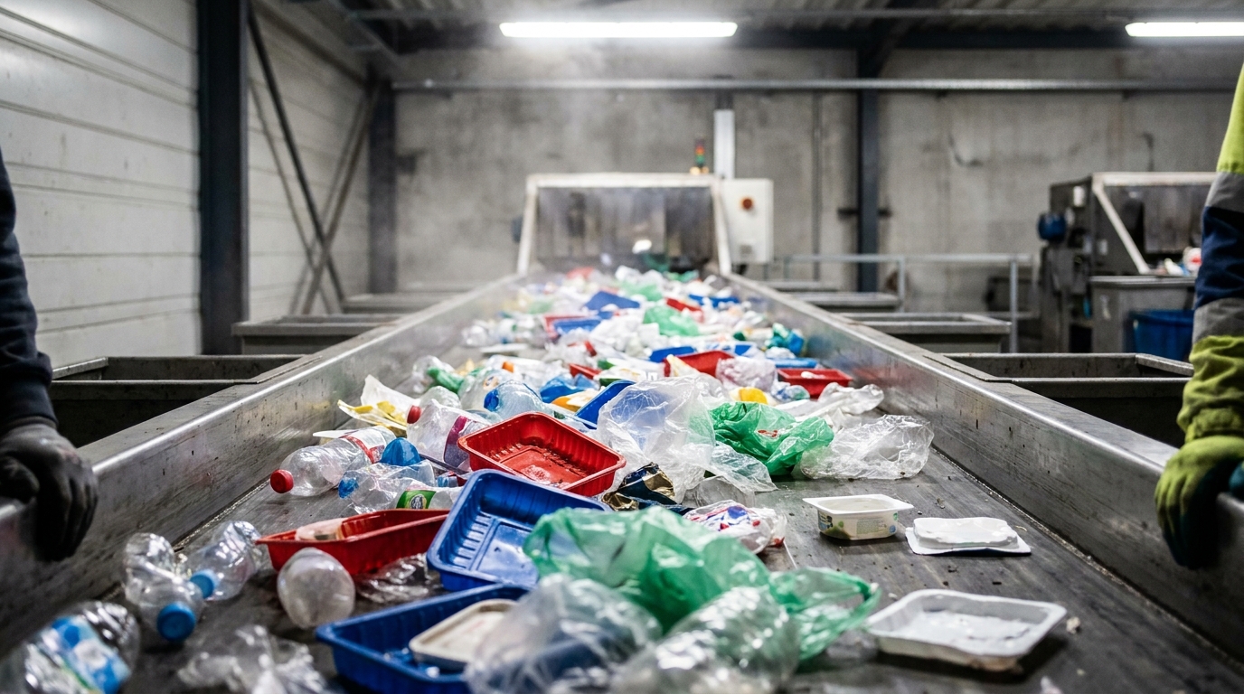 Tapis roulant d'un centre de tri d'emballages chargé de plastiques colorés en mouvement