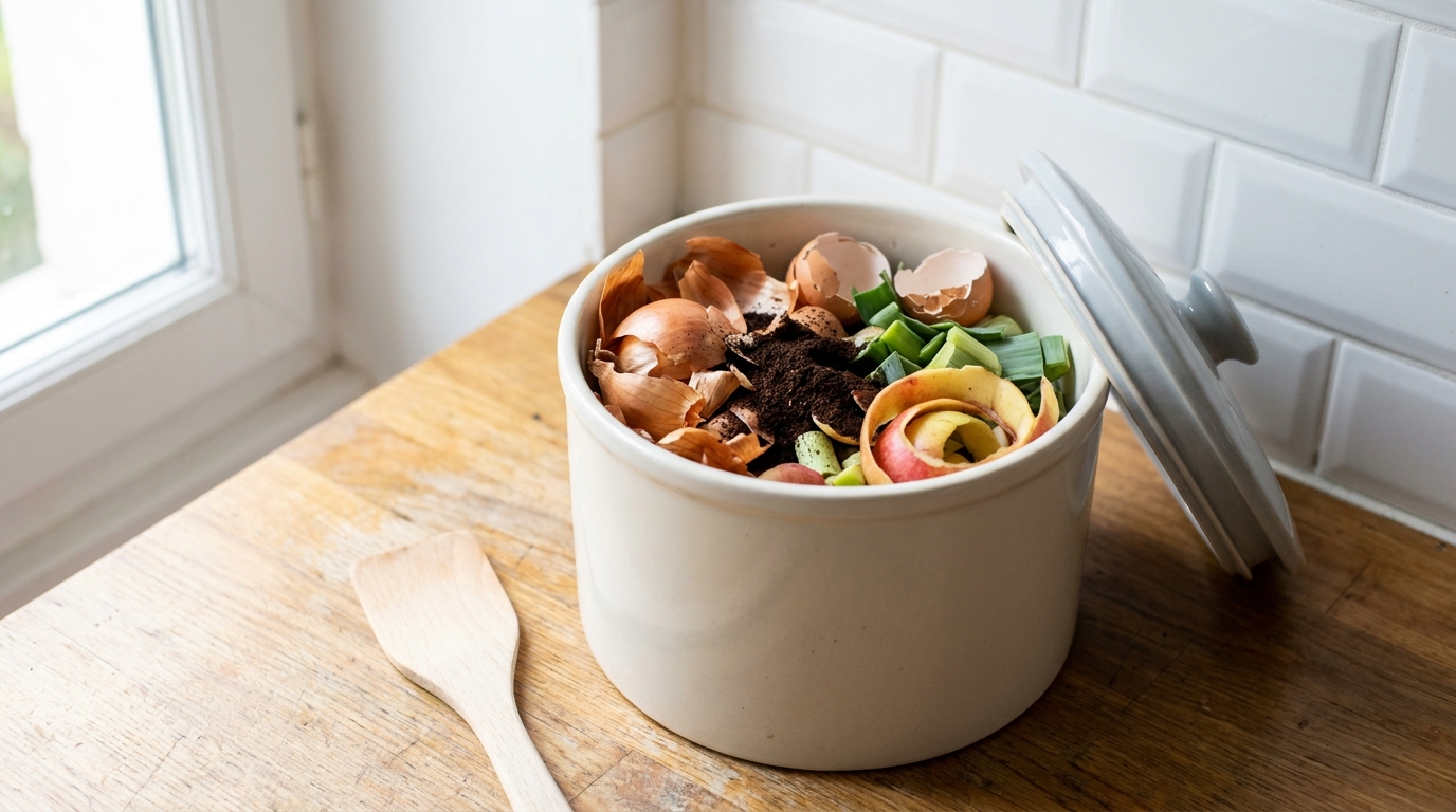 Bio-seau de comptoir ouvert avec épluchures et marc de café dans une cuisine française