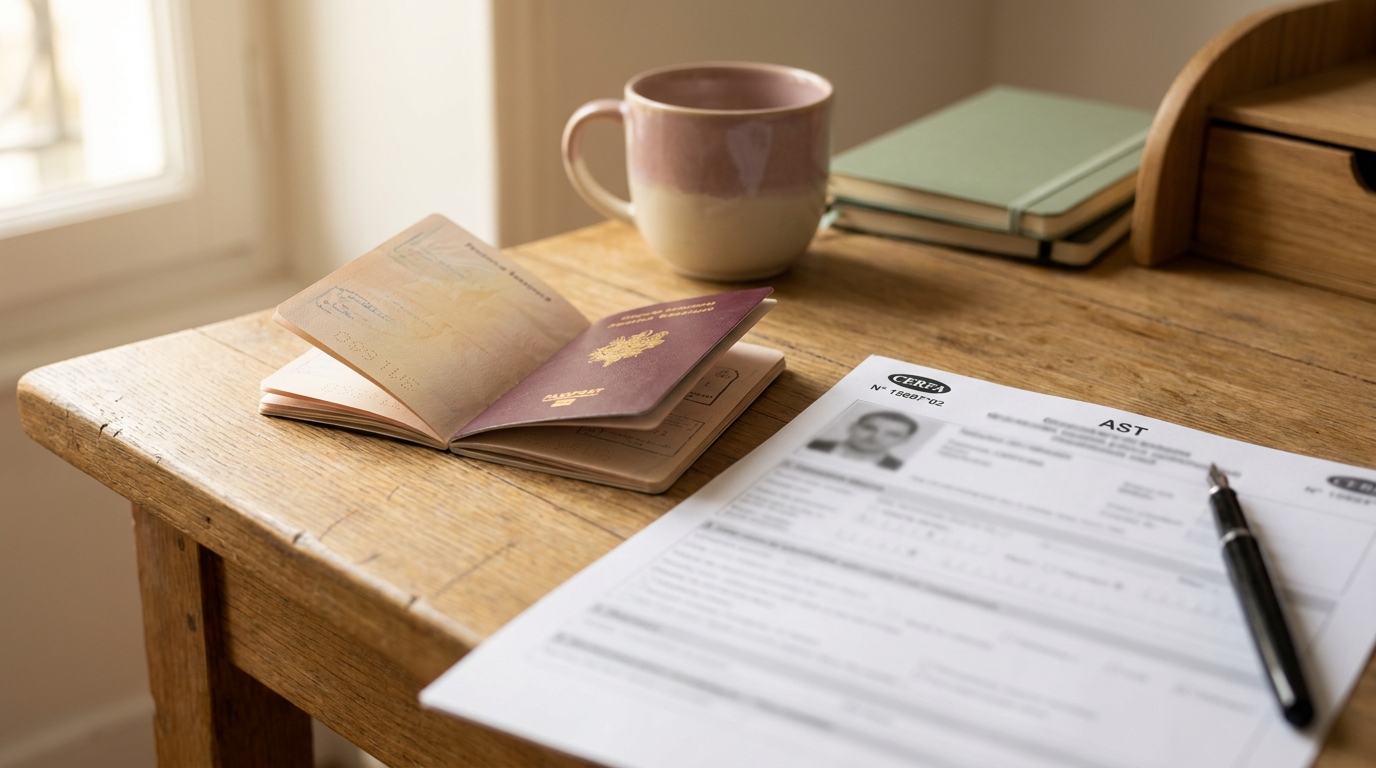 Un passeport français et un formulaire d'autorisation de sortie du territoire posés sur une table en bois