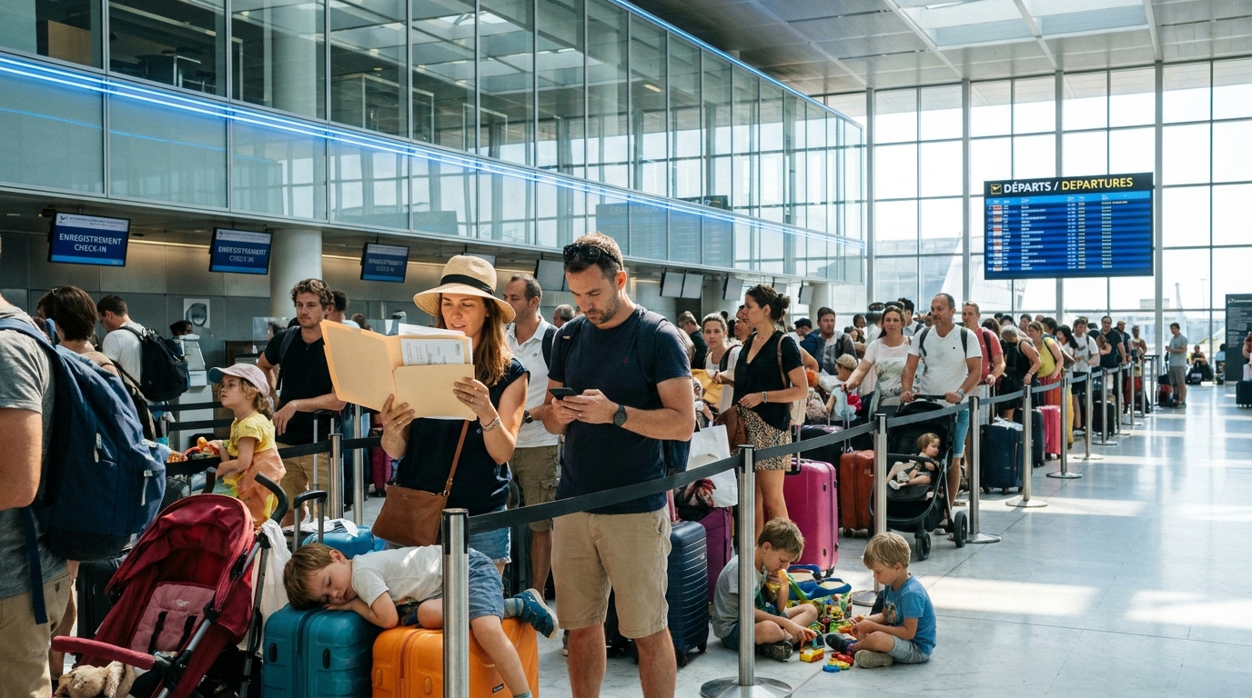 Famille française à l'enregistrement d'un aéroport en juillet