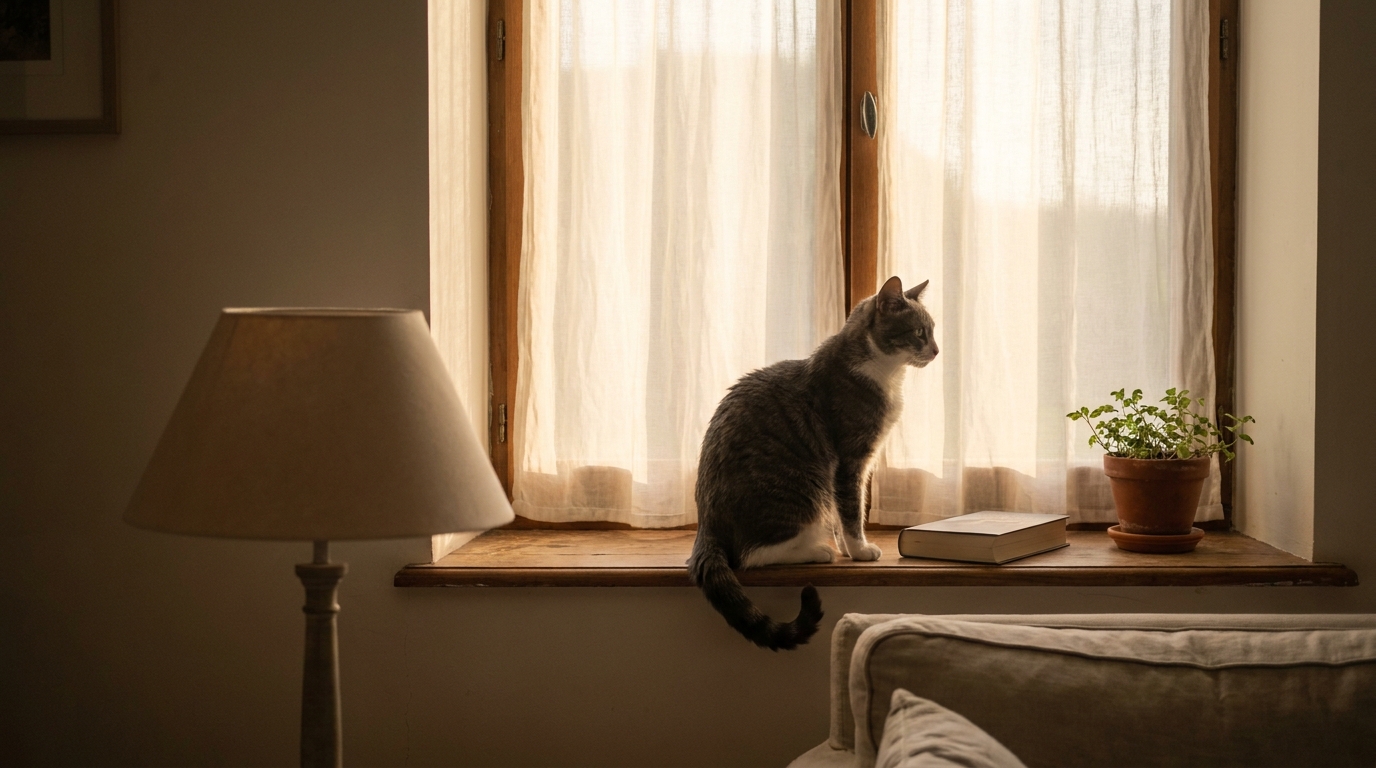 Un chat assis sur le rebord d'une fenêtre dans une pièce paisible, lumière dorée de fin d'après-midi
