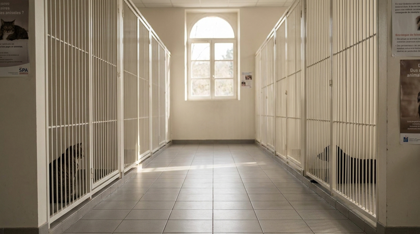Vue intérieure d'un refuge SPA français : allée centrale entre rangées de boxes avec quelques animaux