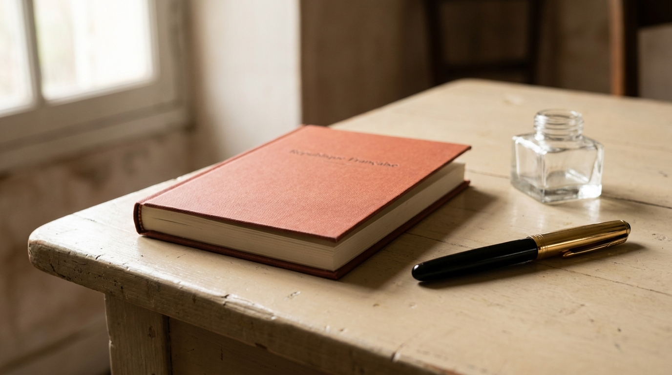 Un livret de famille français posé sur une table en bois clair avec un stylo plume
