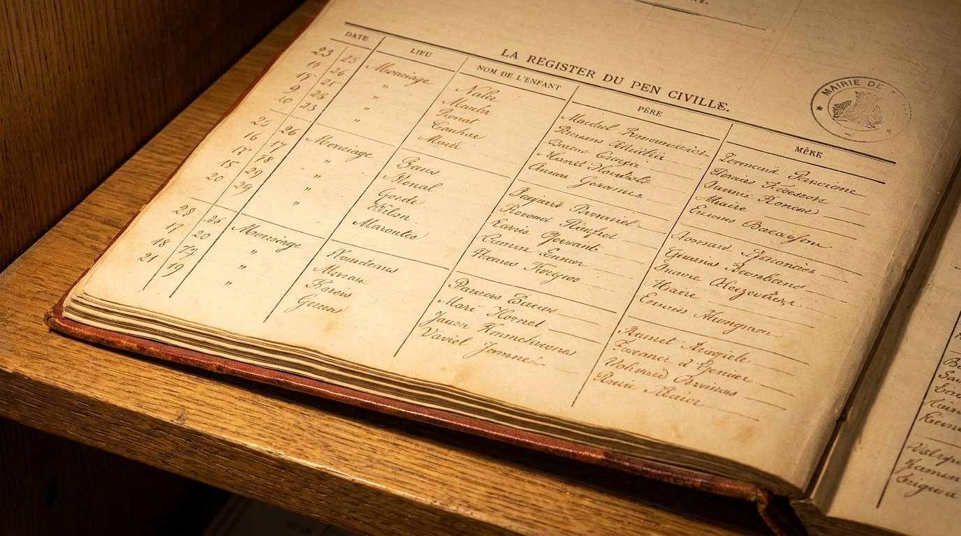 Reproduction d'un registre d'état civil français du XIXe siècle, ouvert sur une page d'actes de naissance