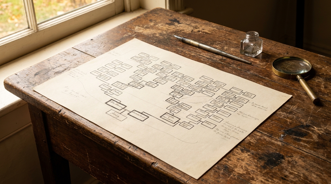 Tableau généalogique manuscrit sur un bureau ancien, avec porte-plume et loupe