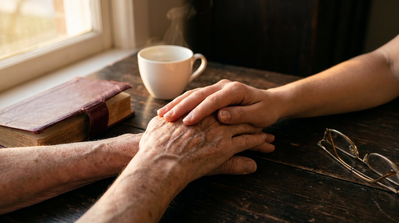 Main âgée et main plus jeune se rejoignant sur une table en bois, geste de soutien et de présence