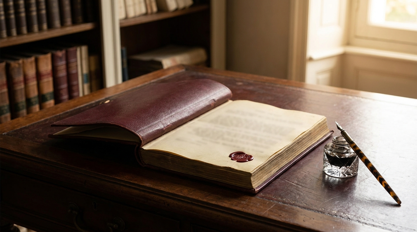 Bureau d'étude notariale française avec acte juridique relié cuir, plume et sceau de cire