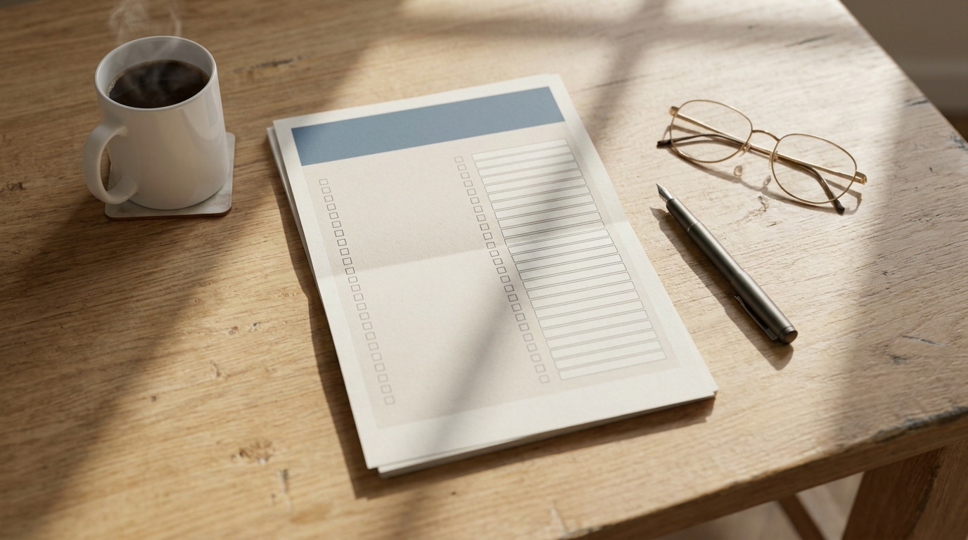 Formulaire administratif français vierge déplié sur un bureau avec stylo plume et lunettes
