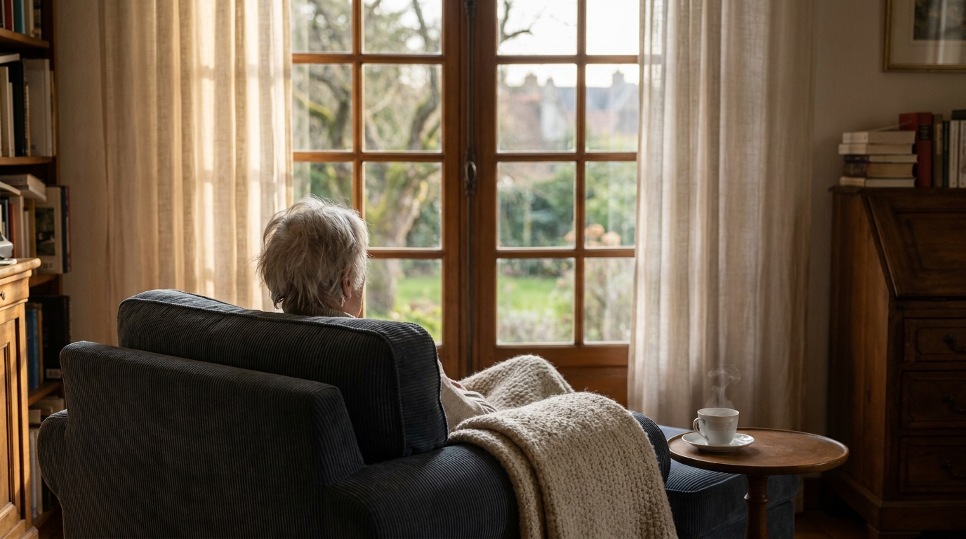 Personne âgée vue de dos assise dans un fauteuil près d'une fenêtre regardant son jardin