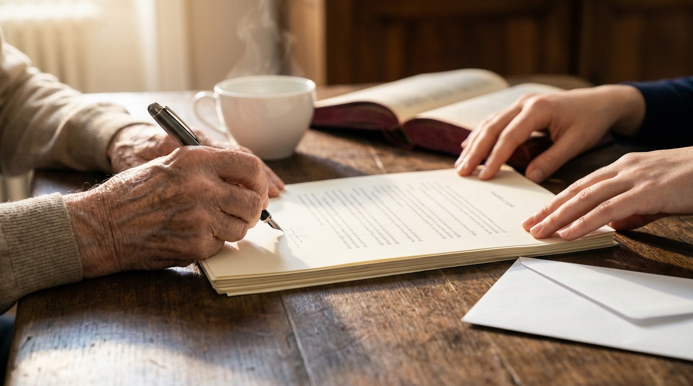 Deux paires de mains signant un document juridique sur une table en bois, geste intergénérationnel