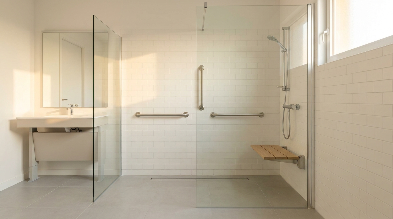 Salle de bain française adaptée avec douche italienne, barres d'appui en inox et banc de douche