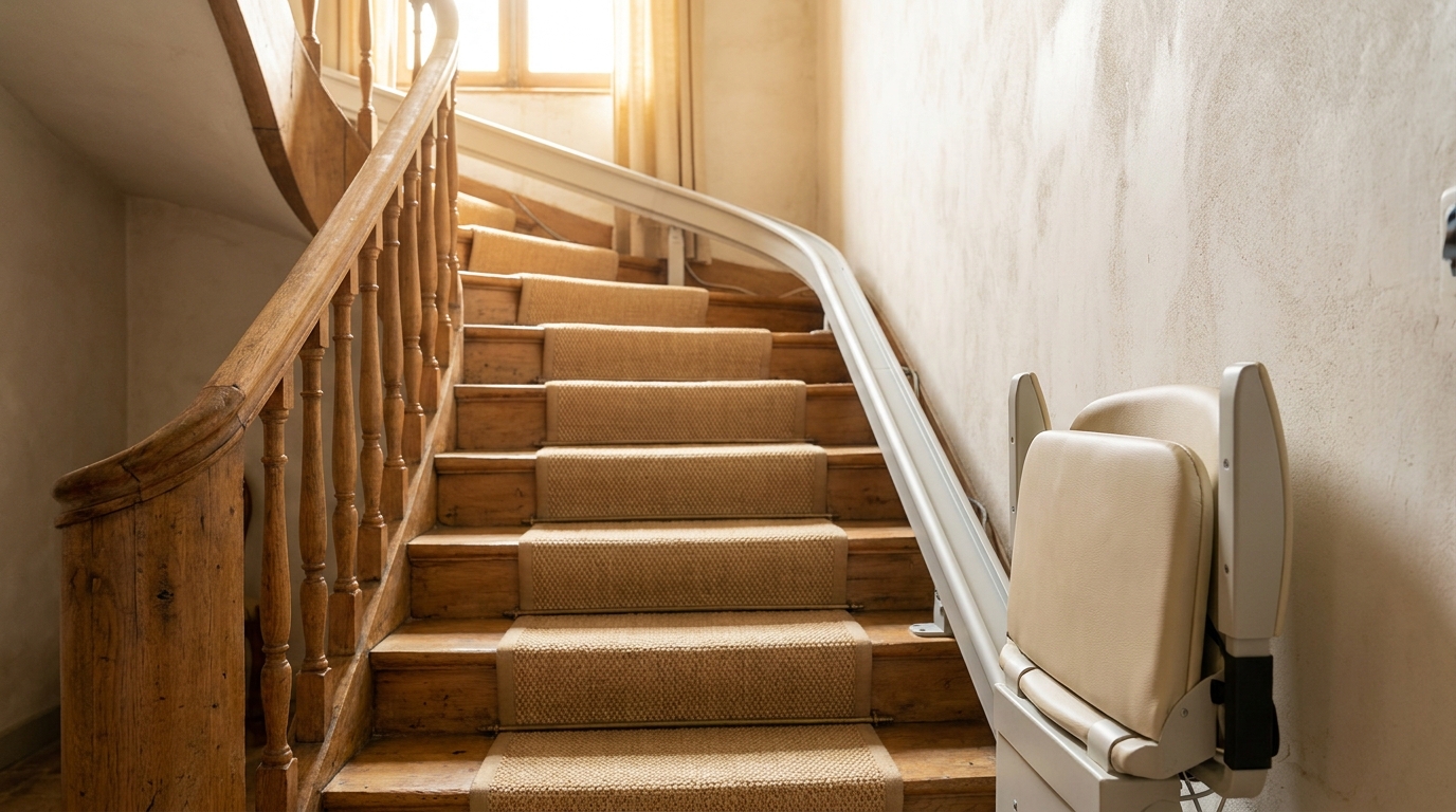 Monte-escalier électrique installé sur un escalier intérieur français en bois avec rail discret