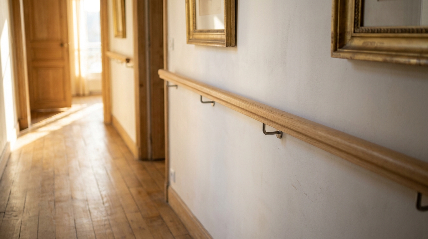 Long couloir d'appartement français avec main courante en bois fixée le long du mur