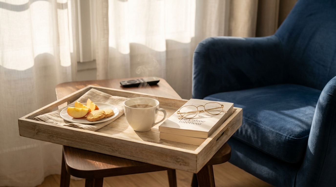 Plateau-repas avec tasse de thé fumante sur une table d'appoint près d'un fauteuil français contemporain