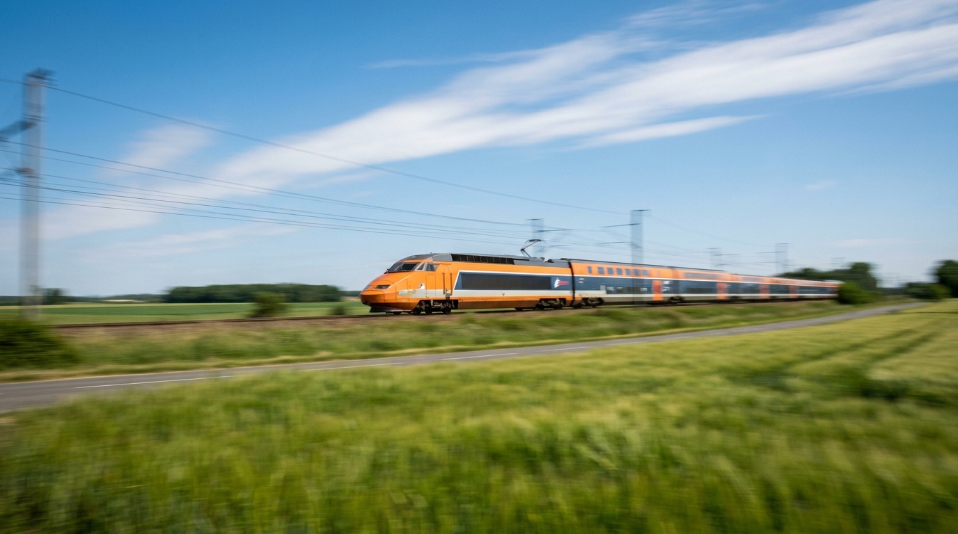 Un TGV moderne traversant les plaines françaises à grande vitesse