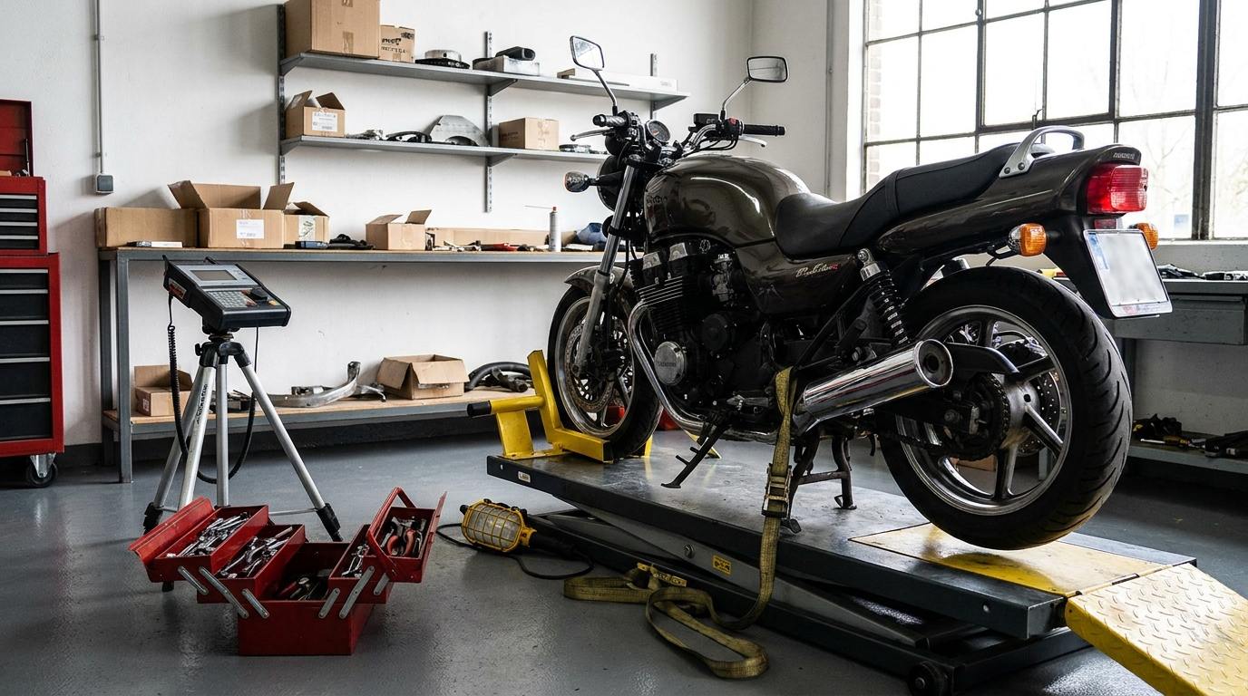 Une moto sur une rampe d'élévation dans un centre de contrôle technique français