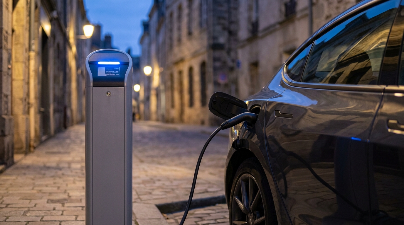 Voiture électrique en charge sur une borne publique dans une rue française au crépuscule