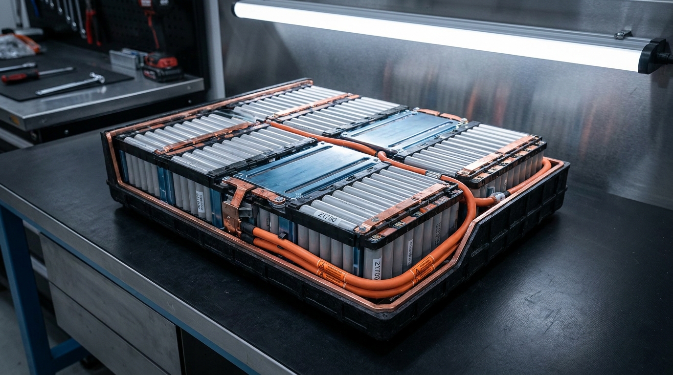 Coupe technique d'un pack de batterie de voiture électrique montrant cellules, connecteurs et refroidissement
