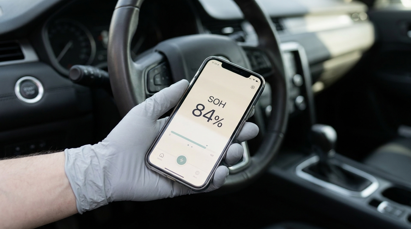 Smartphone affichant un diagnostic de SOH batterie à 84 pour cent dans un habitacle de voiture