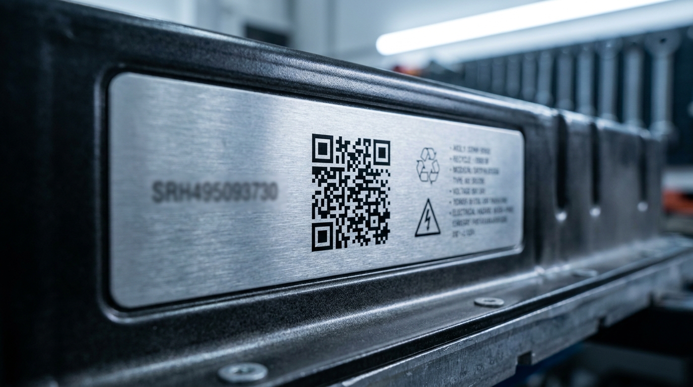 QR code et étiquette d'identification sur une batterie de véhicule électrique en atelier