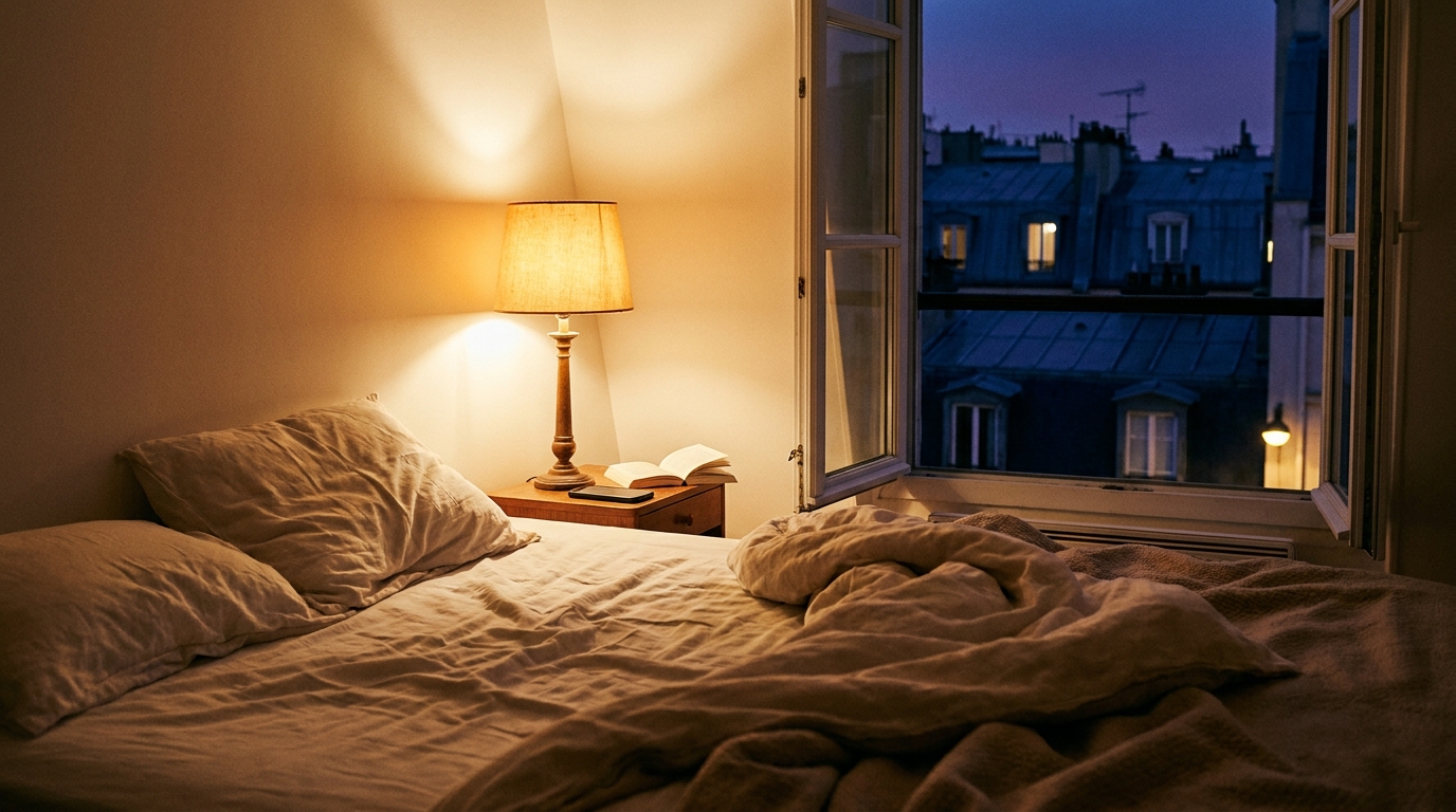 Une chambre française à 23h30, lit défait, lampe de chevet allumée