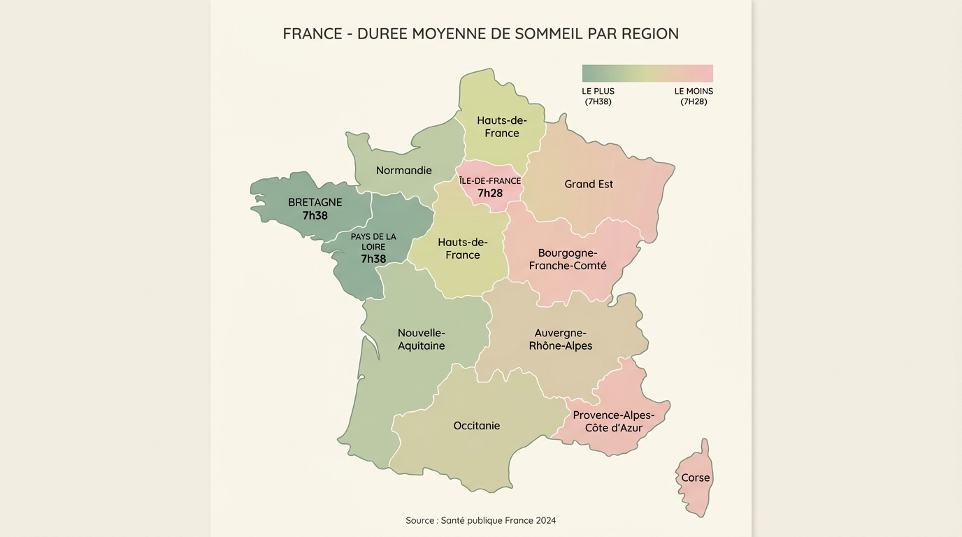Carte de France des durées moyennes de sommeil par région