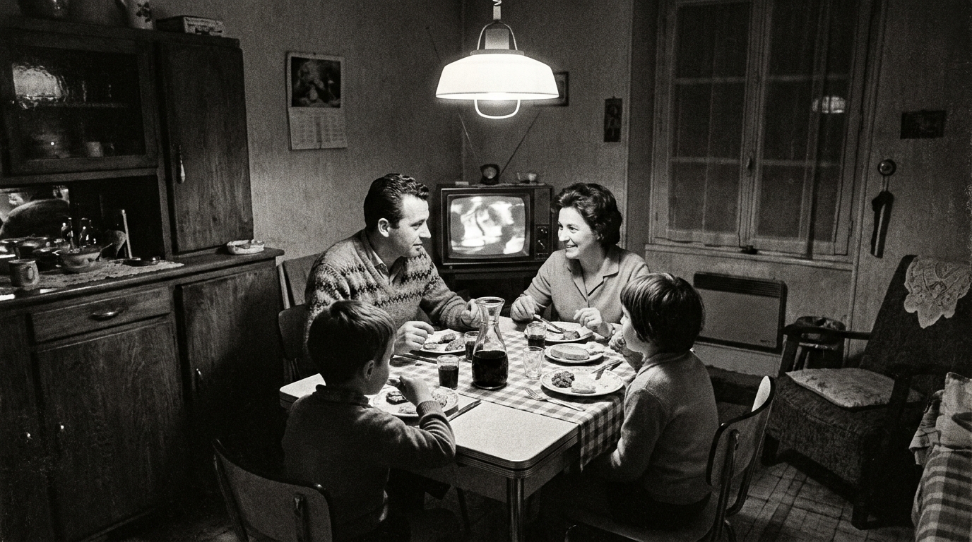 Famille française à table le soir, années 1960, télévision allumée en arrière-plan