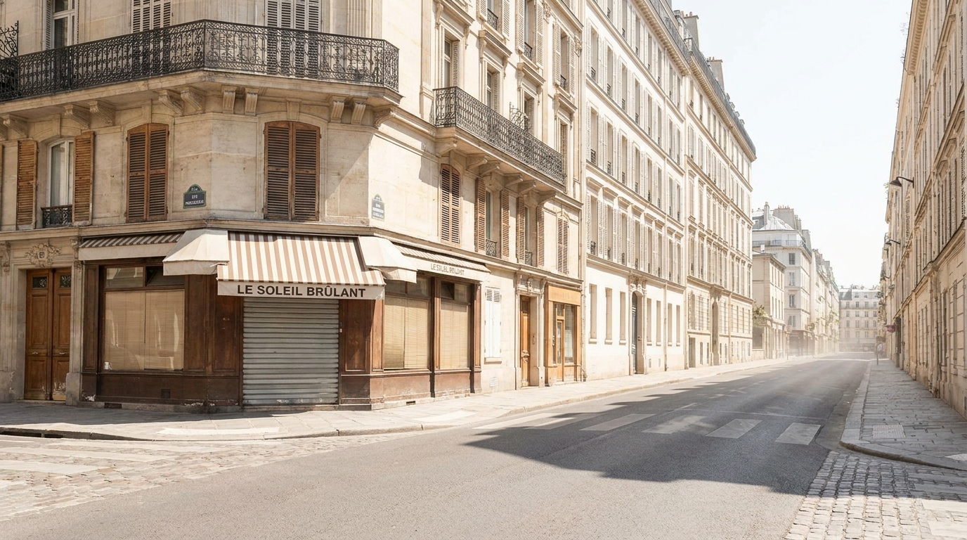 Une rue parisienne vide à 14h en pleine canicule, volets fermés