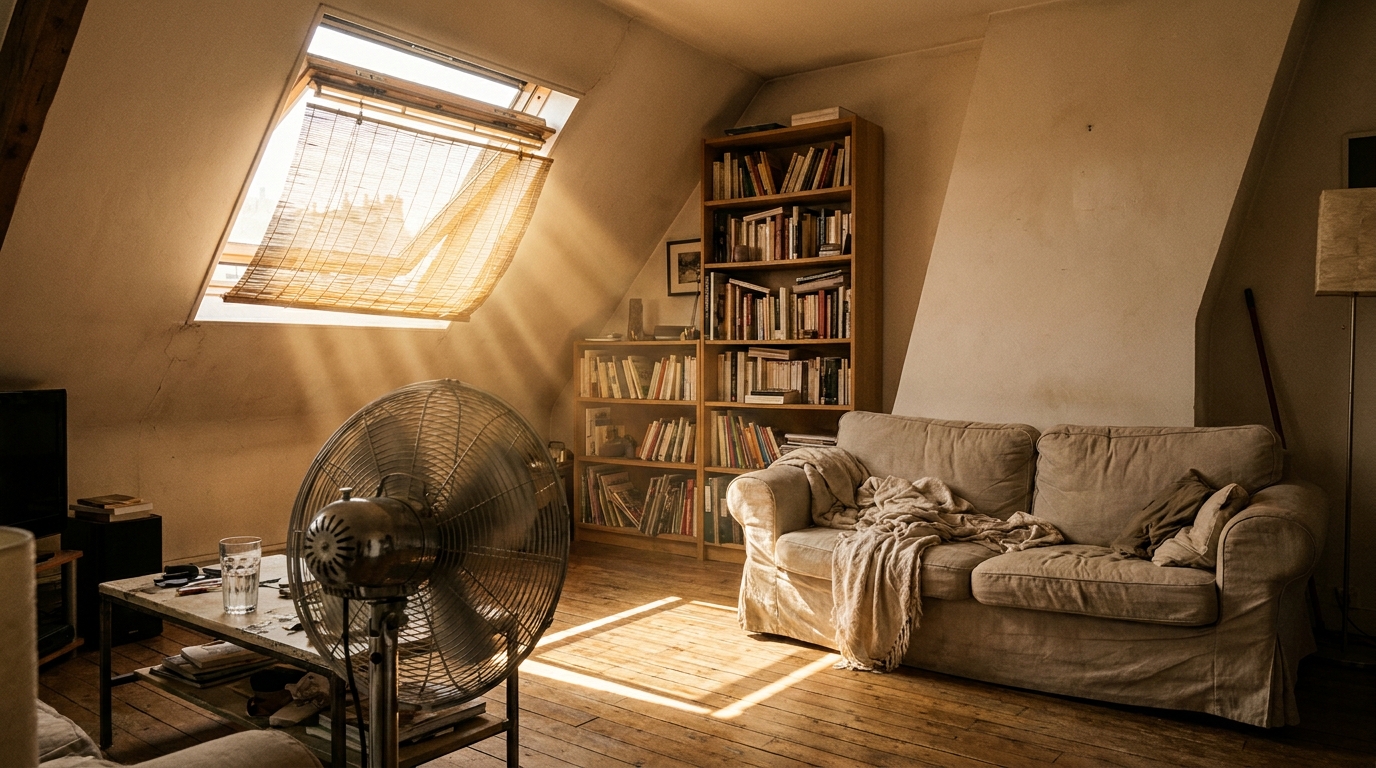 Un appartement parisien sous les combles en pleine canicule, ventilateur en marche