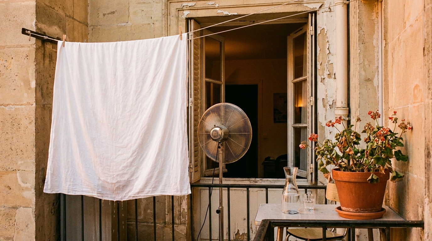 Un balcon parisien équipé d'un ventilateur et linge humide pour rafraîchir un appartement