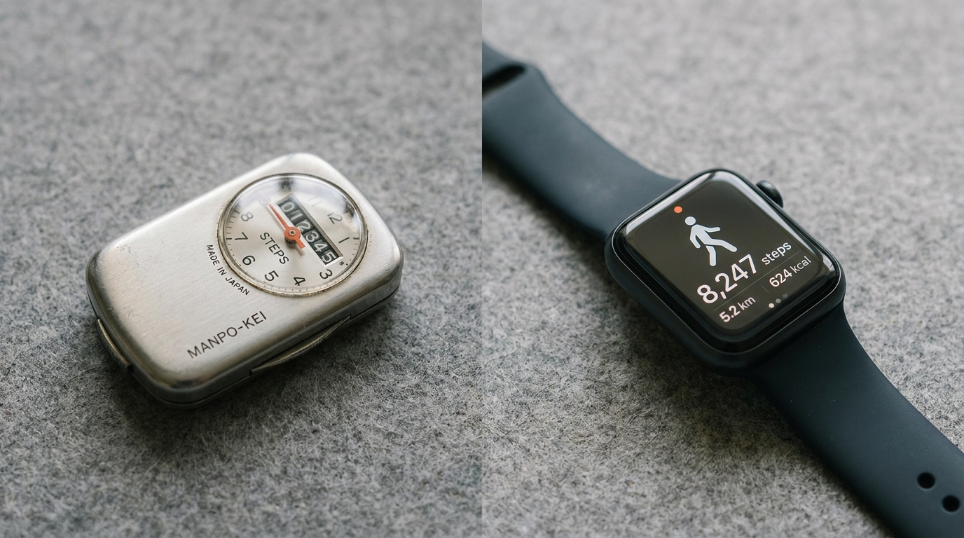 Un podomètre vintage japonais à gauche, une montre connectée moderne à droite, affichant tous deux le compteur de pas