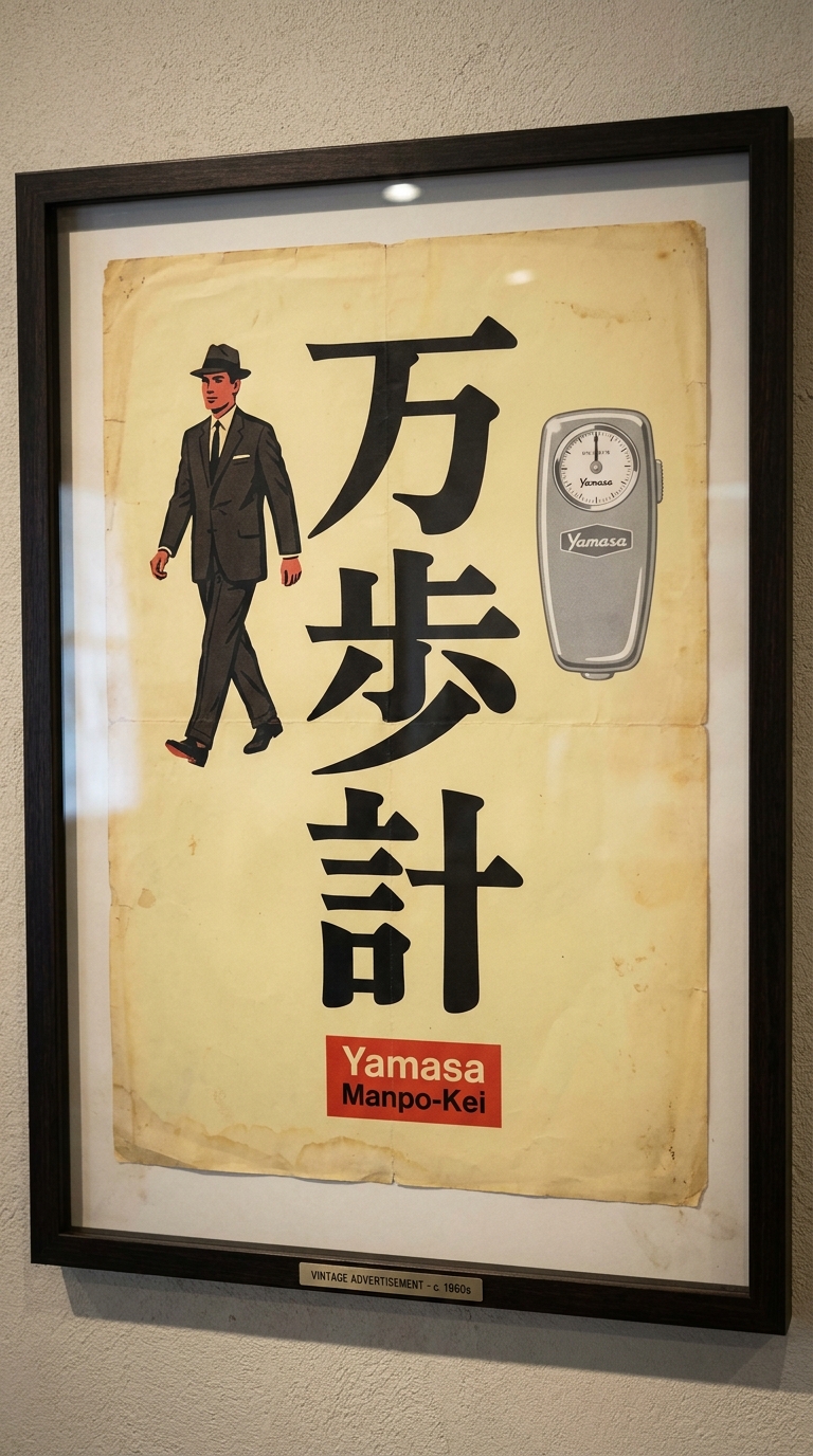 Reconstitution d'une publicité japonaise vintage des années 1960 pour le podomètre Yamasa Manpo-Kei