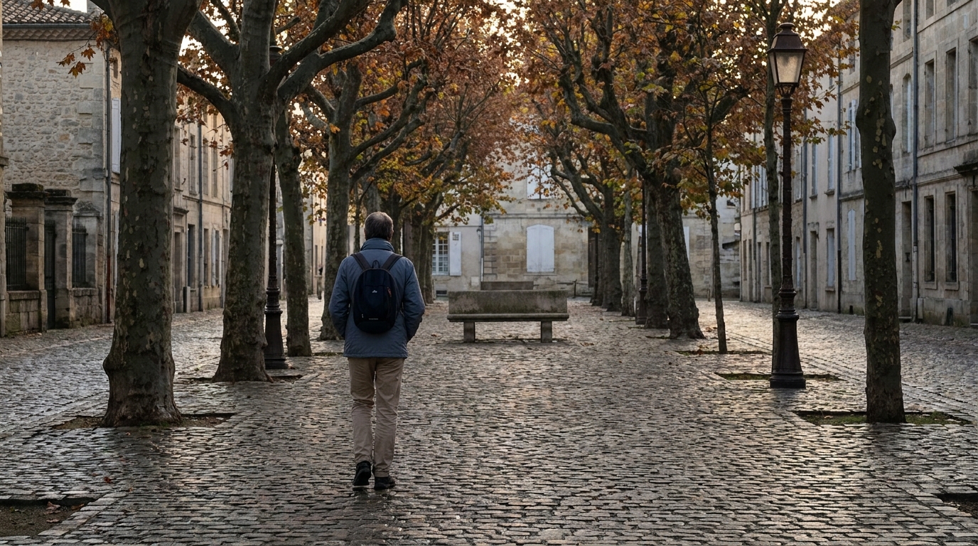 Une silhouette anonyme marchant dans une allée arborée d'une ville française en automne