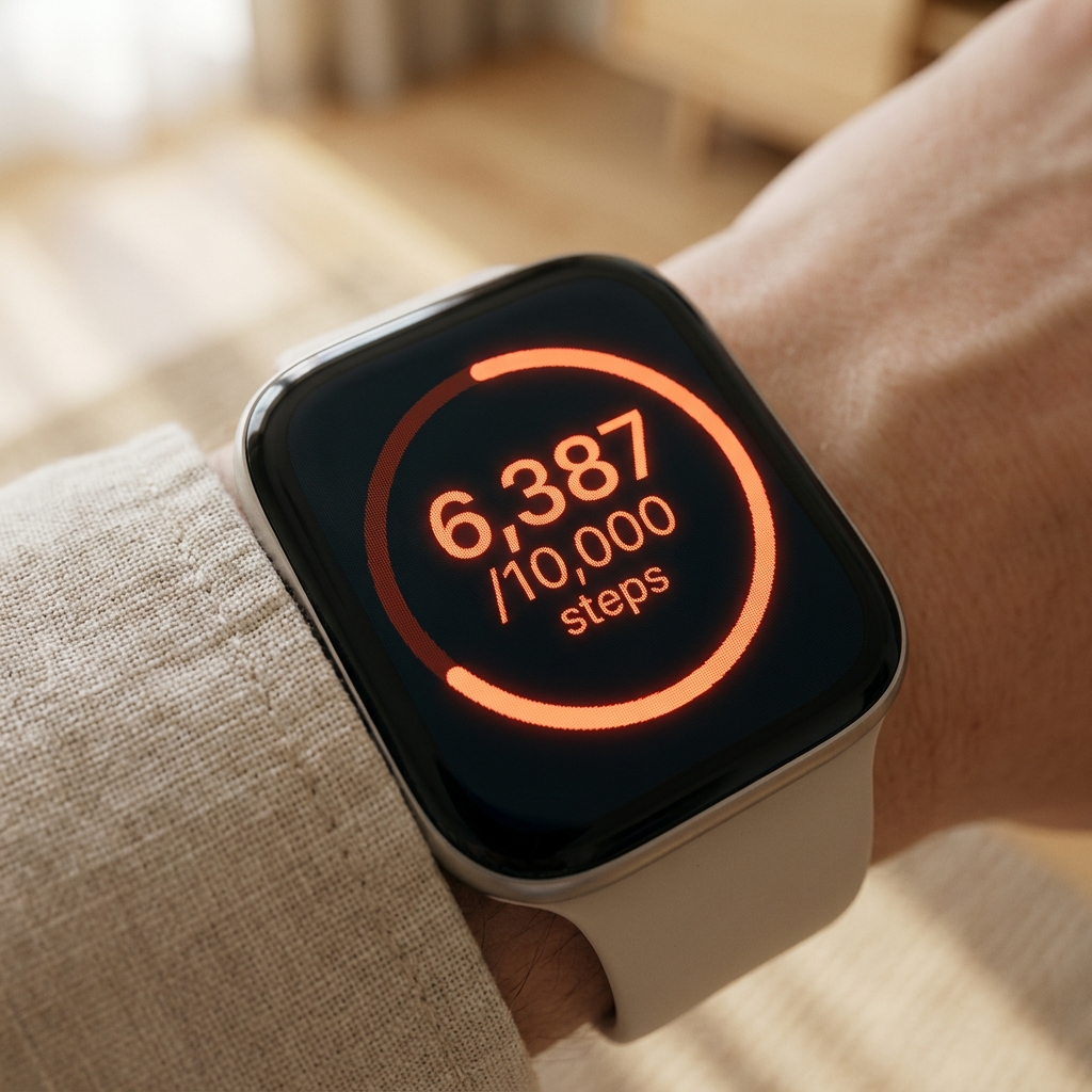 Macro d'un écran de montre connectée affichant 6 387 sur 10 000 pas
