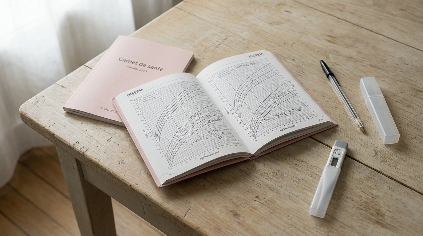 Un carnet de santé enfant français contemporain ouvert sur une page de courbes de croissance, posé sur une table en bois clair