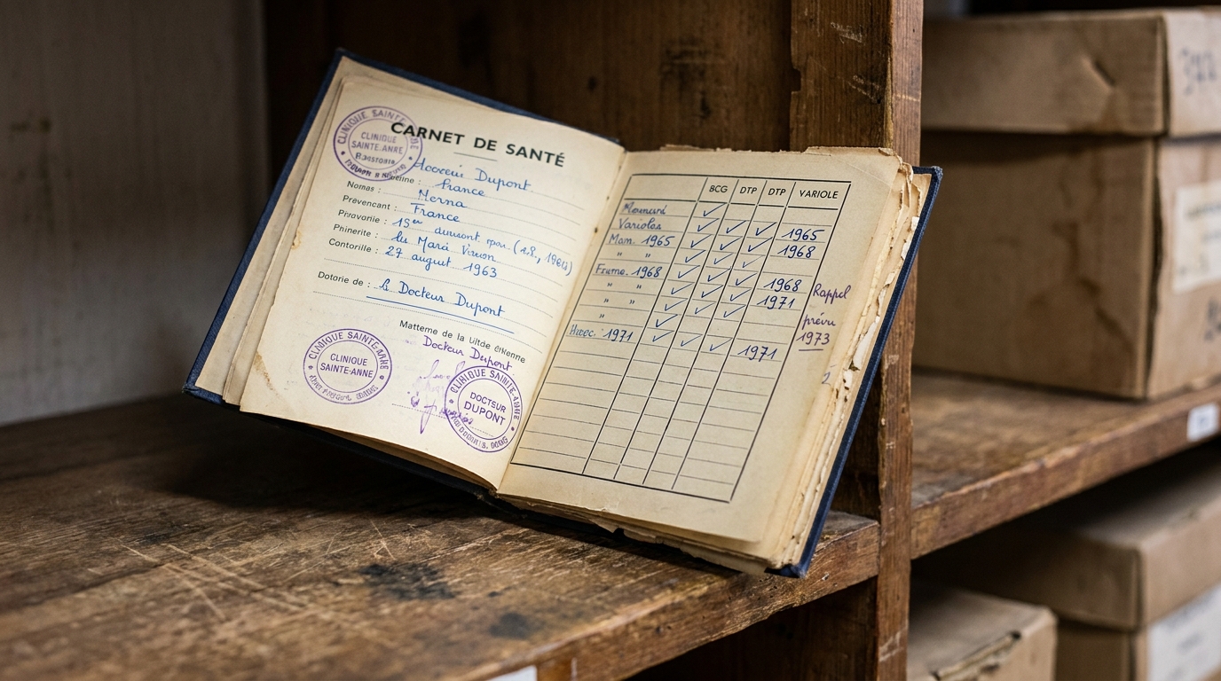Un carnet de santé français vintage des années 1960-1970, ouvert sur une page de vaccinations