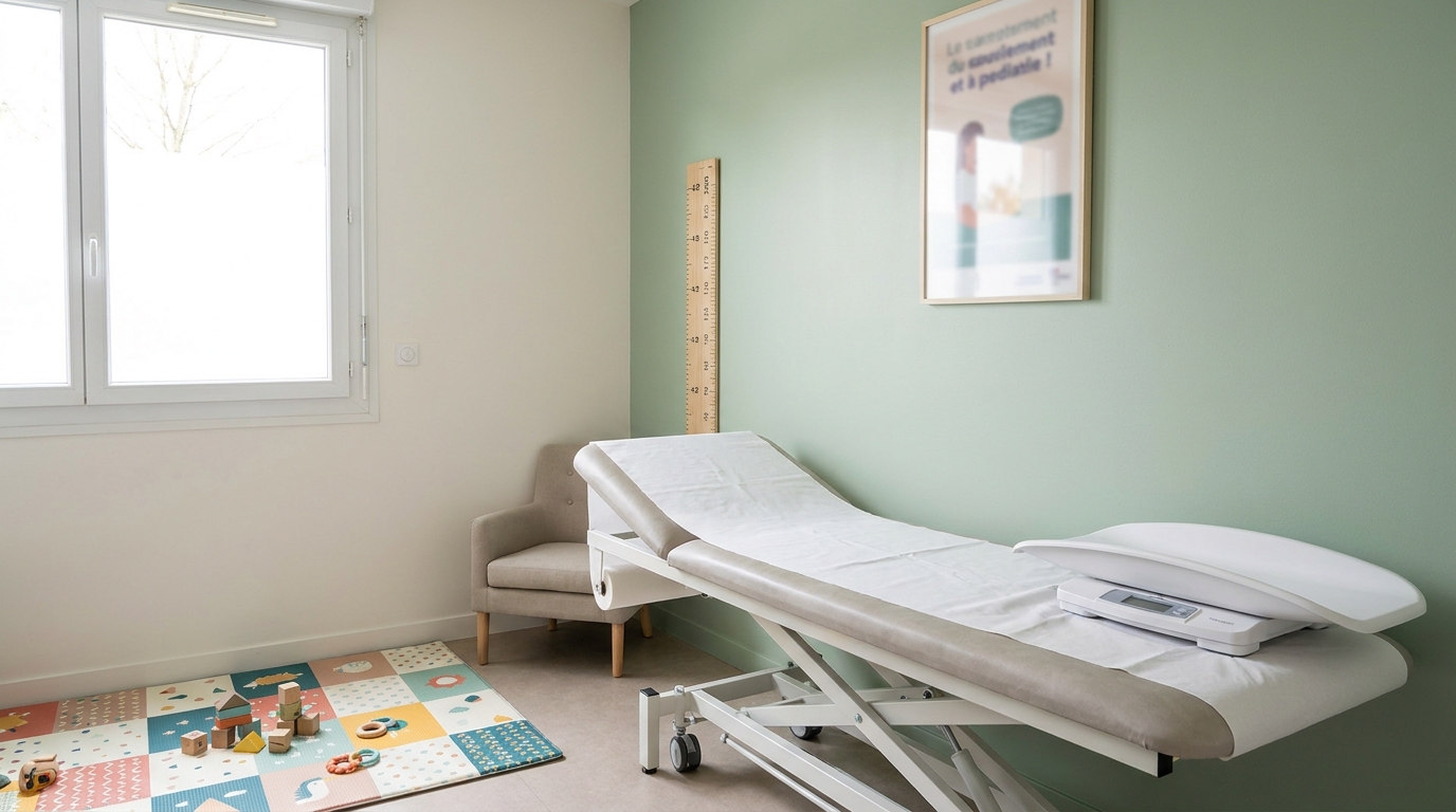Une salle de consultation PMI française, vide de patients