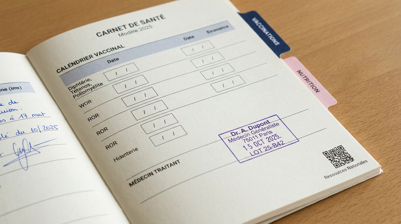 Page intérieure d'un carnet de santé 2025 avec calendrier vaccinal et tampon de médecin