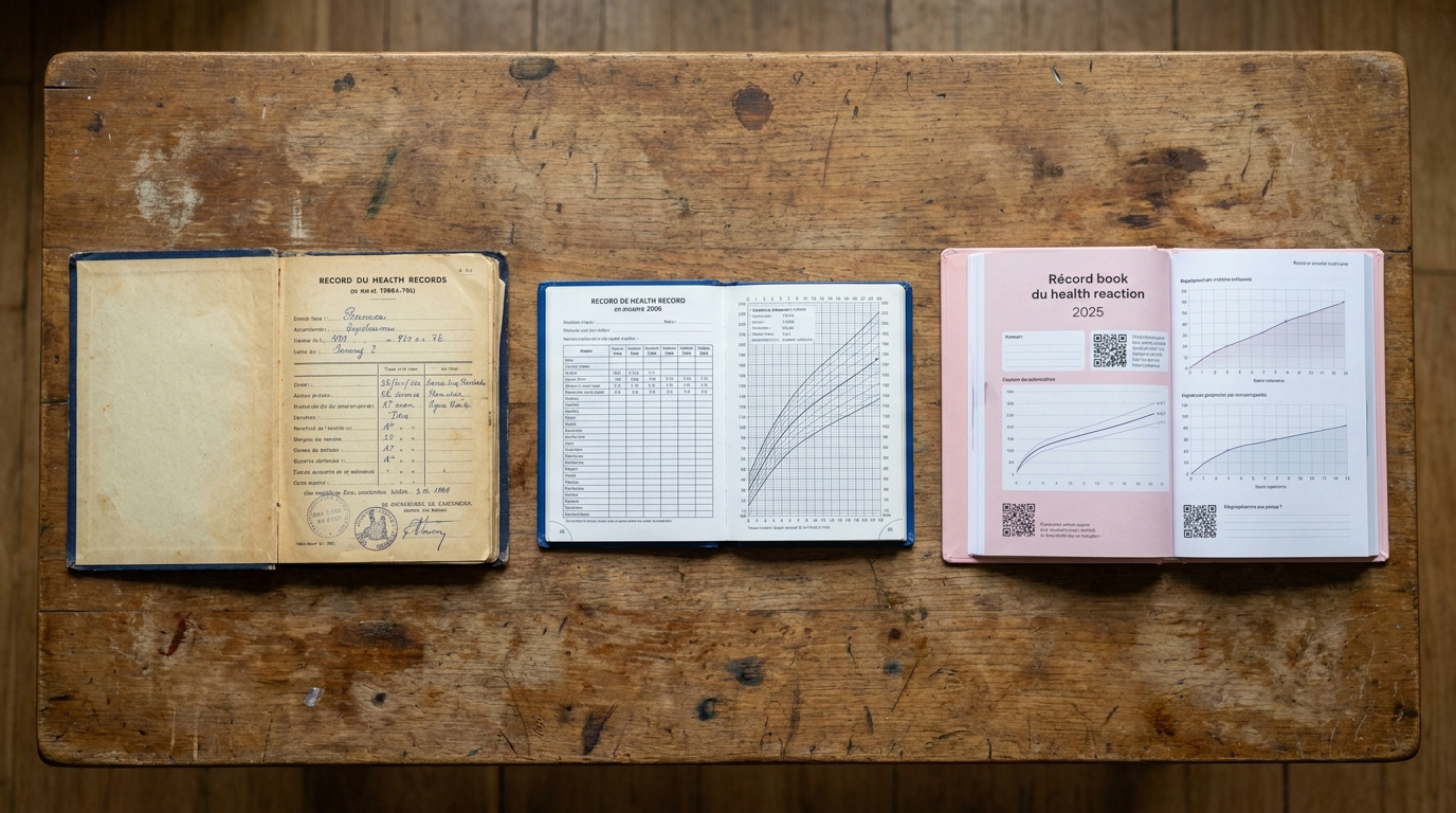 Trois générations de carnets de santé français côte à côte : années 1970, 2006, 2025