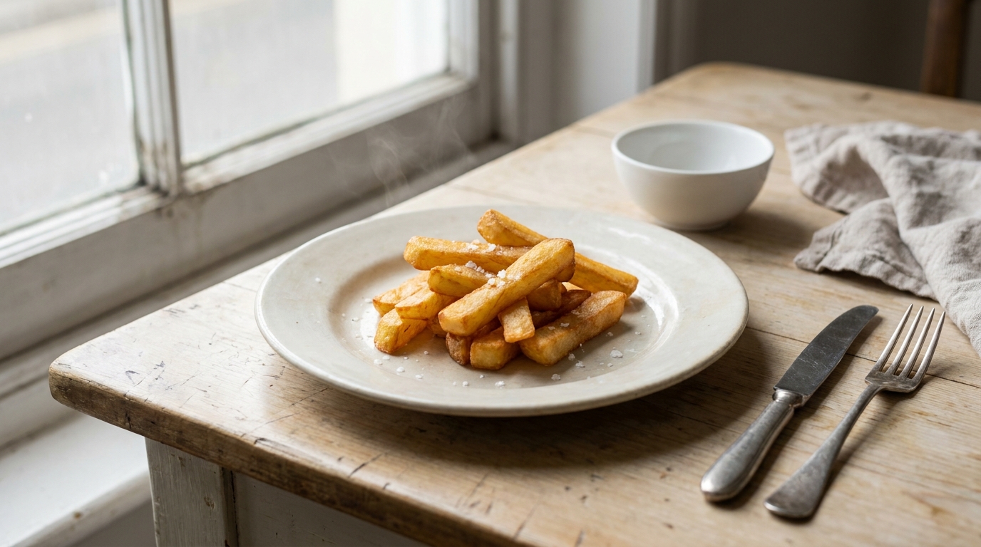 Une assiette de frites maison dorées sur une table en bois, lumière naturelle de fin de matinée
