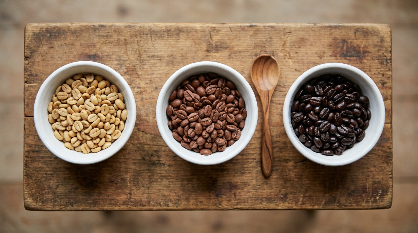Trois bols de grains de café de torréfactions claire, medium et foncée alignés