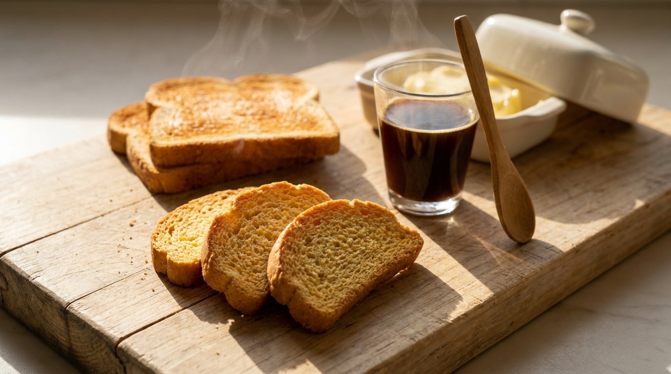 Composition petit-déjeuner français : biscottes, pain grillé, café — sources quotidiennes d'acrylamide
